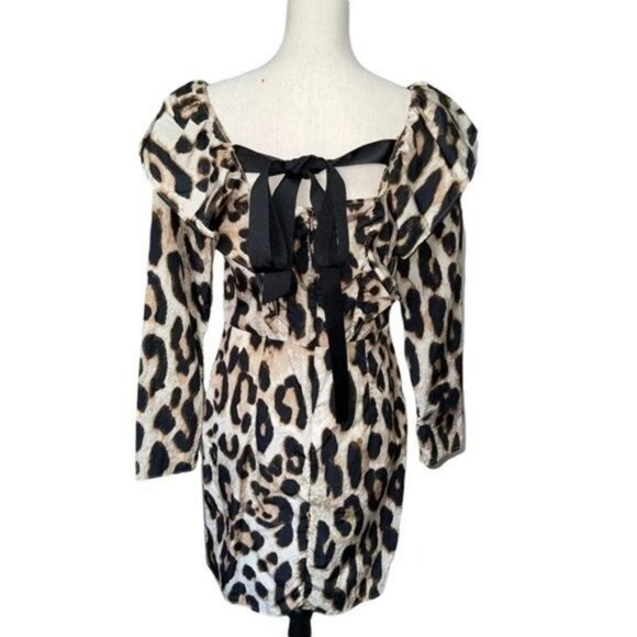 H&M Leopard Print Ruffle Long Sleeve Mini Dress With Bow Back Detail Size Medium - Picture 2 of 13